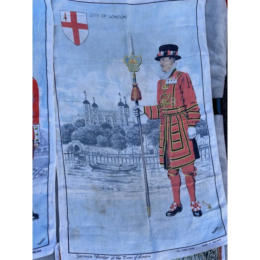 Vintage Ulster Irish Linen Tea Towels London Souvenir Set of 4 Guardsman Bobby